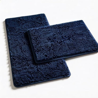 Non Slip Washable 2 Piece Extra Absorbent Shaggy Chenille Bathroom Rugs and Mats Sets, Soft & Dry Bath Rug/Mat Sets for Bathroom Washable Carpets Set Navy Blue Blue