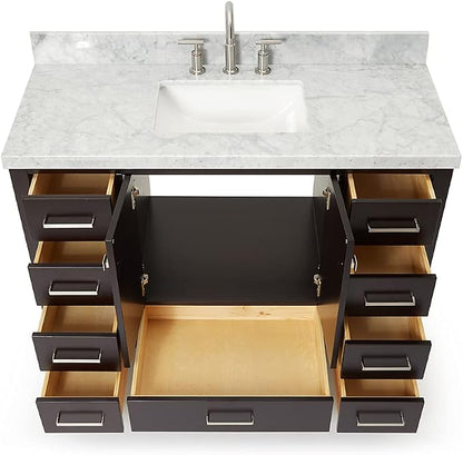 Beckford 48-Inch Bathroom Vanity with Sink — Espresso Single Sink Bathroom Vanity, 1.5" Edge Italian Carrara Marble Top, Solid Wood, 2 Soft-Close Doors, 9 Dovetail Drawers