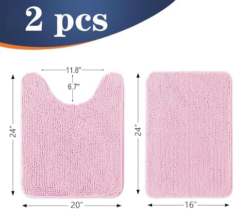 OLANLY Chenille Bathroom Rugs Mats Sets 2 Piece, 24"x16"+24"x20", Pink