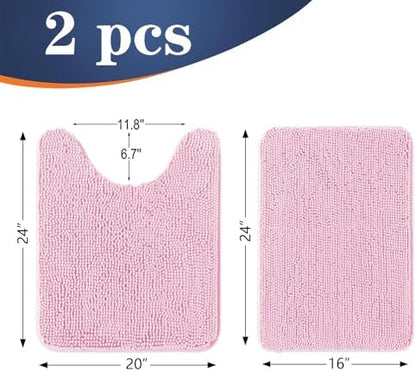 OLANLY Chenille Bathroom Rugs Mats Sets 2 Piece, 24"x16"+24"x20", Pink