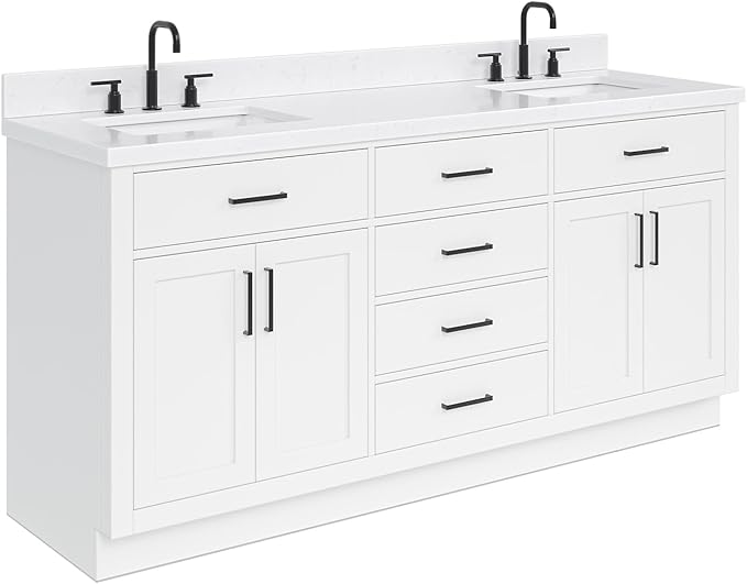 ARIEL Hepburn 72-inch Bathroom Vanity with Sink,Solid Wood, 1.5-inch Carrara White Quartz Countertop & Backsplash, Double Rectangular Porcelain Sink, 4 Soft Closing Doors, 6 Dovetail Drawers, White