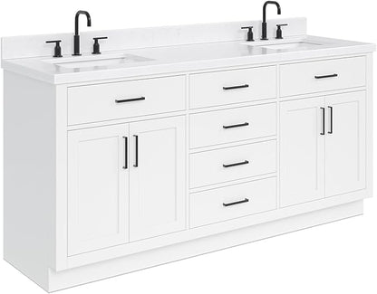 ARIEL Hepburn 72-inch Bathroom Vanity with Sink,Solid Wood, 1.5-inch Carrara White Quartz Countertop & Backsplash, Double Rectangular Porcelain Sink, 4 Soft Closing Doors, 6 Dovetail Drawers, White