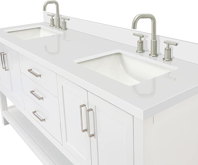 ARIEL Magnolia 72-inch Bathroom Vanity with Sink,Solid Wood, 1.5-inch Pure White Quartz Countertop & Backsplash, Double Rectangular Porcelain Sink, 4 Soft Closing Doors, 3 Dovetail Drawers, White