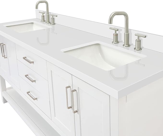 ARIEL Magnolia 72-inch Bathroom Vanity with Sink,Solid Wood, 1.5-inch Pure White Quartz Countertop & Backsplash, Double Rectangular Porcelain Sink, 4 Soft Closing Doors, 3 Dovetail Drawers, White