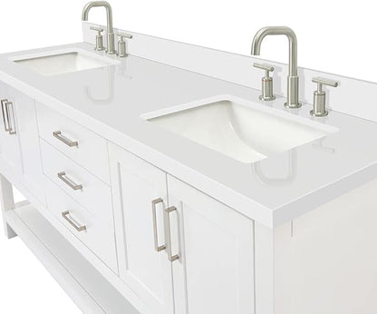 ARIEL Magnolia 72-inch Bathroom Vanity with Sink,Solid Wood, 1.5-inch Pure White Quartz Countertop & Backsplash, Double Rectangular Porcelain Sink, 4 Soft Closing Doors, 3 Dovetail Drawers, White