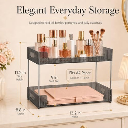 Goderewild 2 Tier Bathroom Counter Organizer, Multi-Purpose Cosmetics Skincare Shelf, Makeup Organizer for Vanity Tray, Countertop Storage Solution for Kitchen and Bath. (Smoky Gray)
