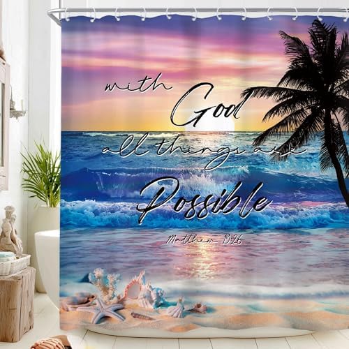 Ocean Coastal Bible Verse Sunrise Beach Quotes Bathroom Shower Curtain Set