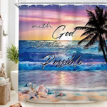 Ocean Coastal Bible Verse Sunrise Beach Quotes Bathroom Shower Curtain Set