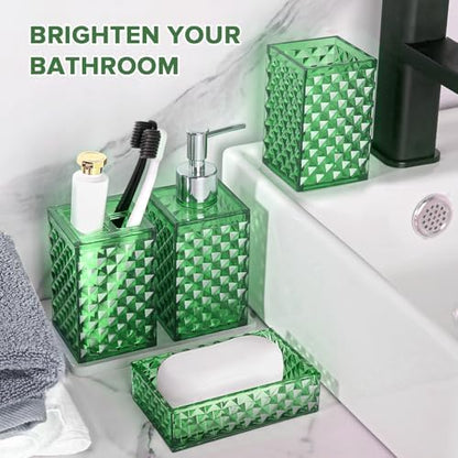 RYTOXILO Green Bathroom Accessories Set, 4 Pack Green Bath Accessory Sets Complete, Acrylic Soap Dispenser and Toothbrush Holder Set for Bathroom Counter Sink, Modern Bathroom Decor