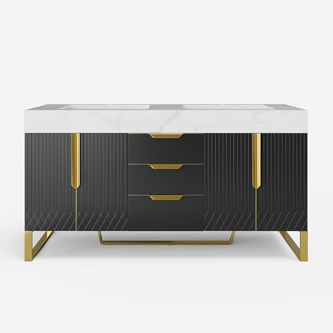 KunMai 59" Black Freestanding Bathroom Vanity with Faux Marble Top, Double Ceramic Vessel Sinks, Floor-Standing Design, 3 Drawers for Storage, Modern Bathroom Cabinet with Gold Hardware Finish