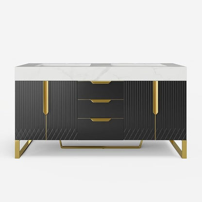 KunMai 59" Black Freestanding Bathroom Vanity with Faux Marble Top, Double Ceramic Vessel Sinks, Floor-Standing Design, 3 Drawers for Storage, Modern Bathroom Cabinet with Gold Hardware Finish