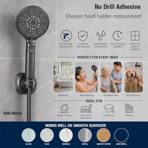 Handheld Shower Head Holder - 5 Positions Adjustable - Slide to Fit - Adhesive Mount with Screw Option, Bathroom Wall Mount Shower Hose Holder (Gun Metal)