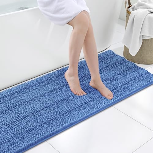 Grandaily Chenille Striped Bathroom Rugs 59x20, Extra Thick and Soft Absorbent Bath Mats, Rubber Backing, Plush Shaggy Shower Carpet, Machine Wash Dry, Bath Rug for Bathroom, Cornflower Blue