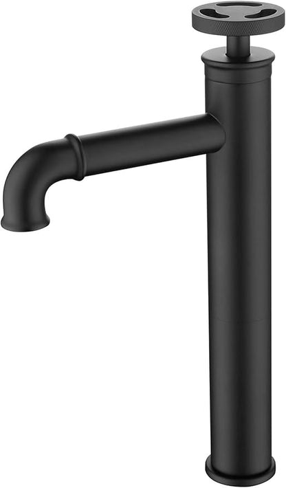 Industrial Bathroom Faucet Brass, Single Hole One Wheel Handle, Tall Deck Mounted Sink Cold and Hot Water Mixer Tap-Bright Gold(Matte Black)