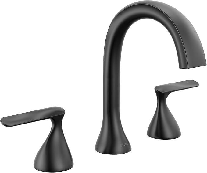 Delta Bonacci Matte Black Bathroom Faucet 3 Hole, 8 Inch Widespread Bathroom Sink Faucet for Vanity, Metal Push-Pop Drain Assembly, Matte Black 3545-BL-DST