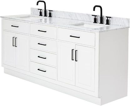 ARIEL Hepburn 72-inch Bathroom Vanity with Sink,Solid Wood, 0.75-inch Italian Carrara Marble Countertop, Double Rectangular Porcelain Sink, 4 Soft Closing Doors, 6 Dovetail Drawers, White