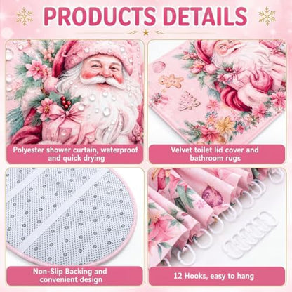 FuWeave 8 Pcs Pink Santa Christmas Shower Curtain Set for Bathroom with Xmas Snowman Shower Curtain Towels Non Slip Rugs Toilet Lid Cover Bath Mat and 12 Hooks for Christmas Bathroom Decor