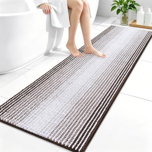 OLANLY Bathroom Runner Rugs 59x20, Soft Chenille Striped Bath Rugs, Brown