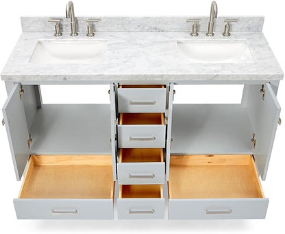 ARIEL Cambridge 60-inch Bathroom Vanity with Sink,Solid Wood, 1.5-inch Italian Carrara Marble Countertop, Double Rectangular Porcelain Sink, 4 Soft Closing Doors, 6 Dovetail Drawers, Grey