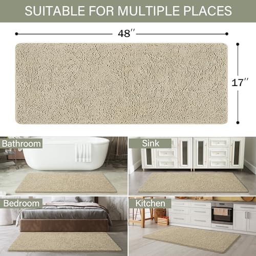 LOCHAS Luxury Bathroom Rug Shaggy Bath Mat 48 x 17 Inch, Beige