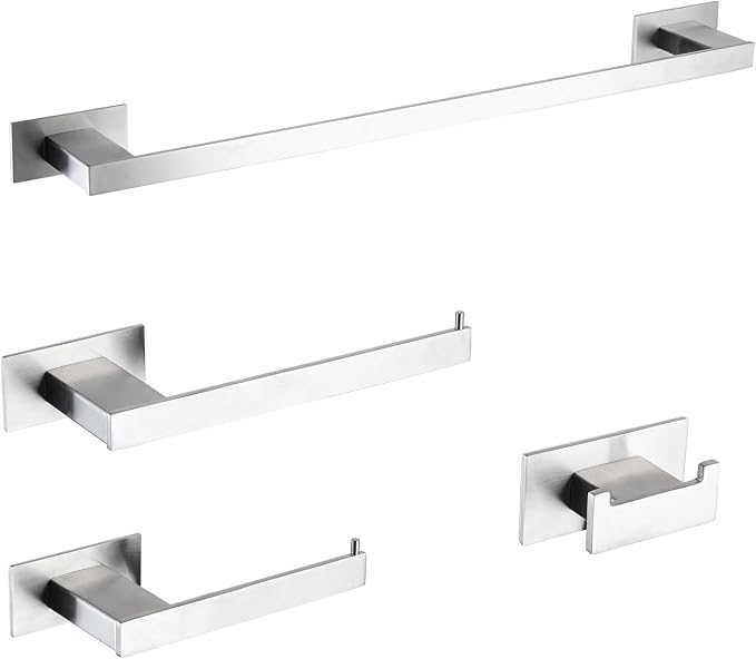 4-Pieces Bathroom Hardware Accessories Set, Towel Rack Towel Bar Toilet Paper Holder Towel Hook Self Adhesive Stainless Steel Towel Rack Set for Bathroom Wall Mounted, Brushed Nickel, 23 Inch