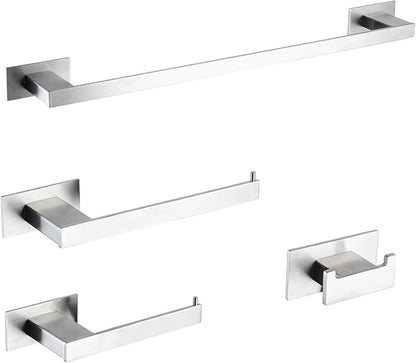 4-Pieces Bathroom Hardware Accessories Set, Towel Rack Towel Bar Toilet Paper Holder Towel Hook Self Adhesive Stainless Steel Towel Rack Set for Bathroom Wall Mounted, Brushed Nickel, 23 Inch