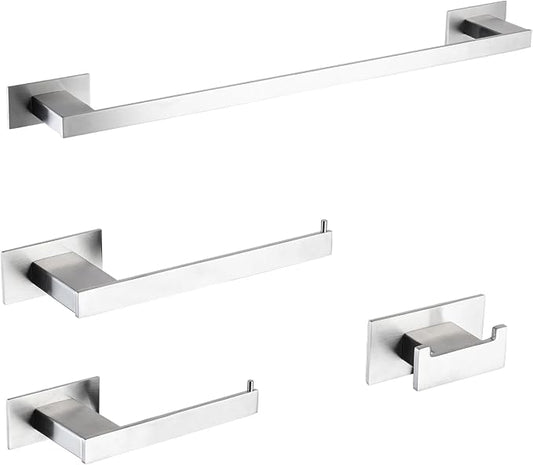 4-Pieces Bathroom Hardware Accessories Set, Towel Rack Towel Bar Toilet Paper Holder Towel Hook Self Adhesive Stainless Steel Towel Rack Set for Bathroom Wall Mounted, Brushed Nickel, 23 Inch