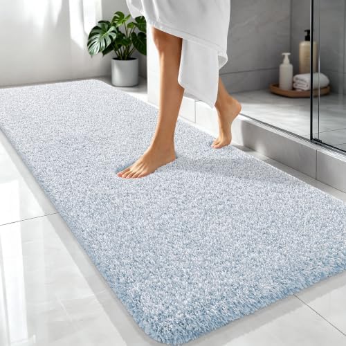 OLANLY Microfiber Bathroom Rugs 70x24, Quick Dry Mat, Airy Blue and White