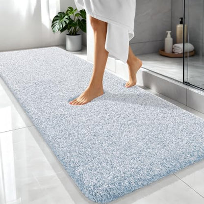 OLANLY Microfiber Bathroom Rugs 70x24, Quick Dry Mat, Airy Blue and White