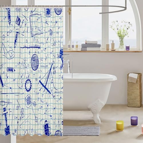 Feelyou Physics Shower Curtain Blue Equation Waterproof Bath Curtain Model On Graph Paper Bathroom Shower Curtain Set with 12 Hooks for Stalls Bathtubs Decorations 72" Wx72 L