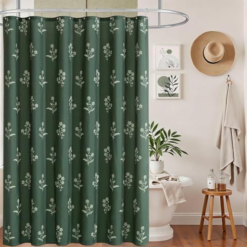 ORTIGIA Linen Shower Curtain Farmhouse Vintage Shower Curtains Set Boho Green Floral Cottagecore Rustic Block Print Decor for Bathroom 72 W x 72 L