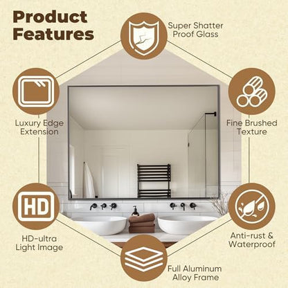 Antok 48x30 Black Metal Framed Bathroom Mirror, Wall Mirror with Rect Corners, Vanity Mirror for Over Sink, Anti-Rust Tempered Glass, Horizontal/Vertical Hanging for Bathroom, Living Room, Entryway