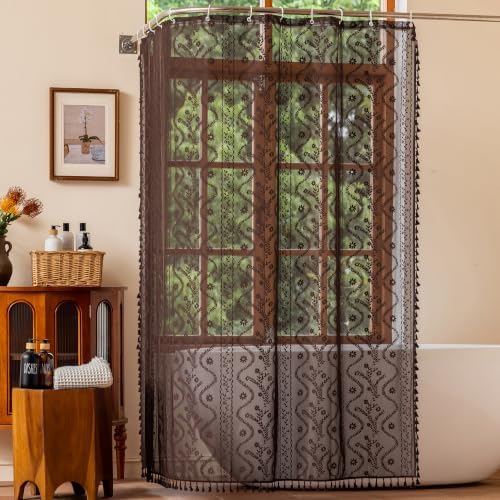 WAZZIO Brown Lace Shower Curtain for Bathroom 72" W x 72" L, Victorian Farmhouse Floral Pattern Tassel Fancy Shower Curtain Boho Washable Cloth Decorative Bath Curtains,1 Panel