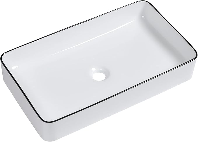 Lordear Rectangular Bathroom Vessel Sink 24x14 Inches White Bathroom Sinks 24 Inch with Black Rim Ceramic Sink Above Counter Lavatory Vanity