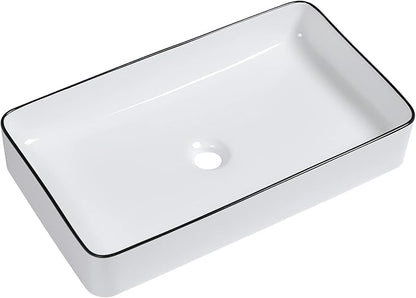 Lordear Rectangular Bathroom Vessel Sink 24x14 Inches White Bathroom Sinks 24 Inch with Black Rim Ceramic Sink Above Counter Lavatory Vanity