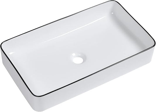 Lordear Rectangular Bathroom Vessel Sink 24x14 Inches White Bathroom Sinks 24 Inch with Black Rim Ceramic Sink Above Counter Lavatory Vanity