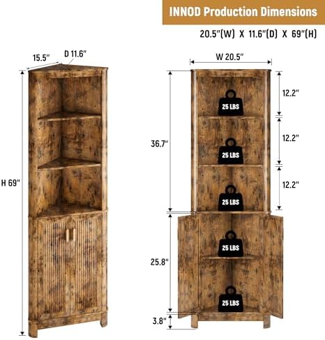 INNOD 69" Tall Corner Shelf with Doors, 6-Tier Corner Storage Cabinet with Doors, Space Saver Shelf for Bathroom, Bathroom Floor Cabinet for Living Room Kitchen, Hallway