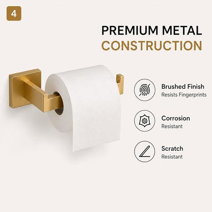 Luxury 5-Piece Bathroom Hardware Set, 23.6" Double Towel Bar & Wall Mounted Bathroom Accessories Set, SUS304 Stainless Steel Solid Metal Construction, Modern Square Design, Brushed Gold