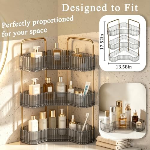 3-Tier Corner Bathroom Organizer, Skincare Vanity Counter Shelf Grey