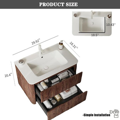 30" Floating Bathroom Vanity with Sink, Wall Mounted Modern Bathroom Cabinet with 2 Soft Close Drawers, Oak & Plywood, Pre-Assembled with Integrated Ceramic Basin – Bruges, Retro Walnut