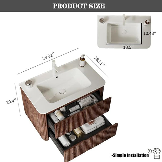 30" Floating Bathroom Vanity with Sink, Wall Mounted Modern Bathroom Cabinet with 2 Soft Close Drawers, Oak & Plywood, Pre-Assembled with Integrated Ceramic Basin – Bruges, Retro Walnut