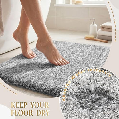Yimobra Luxury Bathroom Rugs, Fluffy Bath Mats, Non Slip, Water Absorbent Microfiber, Machine Washable, Plush Runner Shower Rugs, Thick Matts for Bathroom Floor&Tub, 56" X 24", Light Gray and White