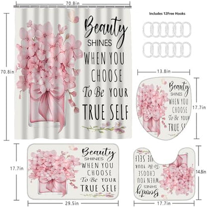 AZHM 4pcs Pink Floral Bathroom Shower Curtain Set with Rugs and Accessories