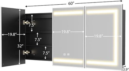 ROOMTEC 60 x 32 Inch Medicine Cabinet Mirror with LED Lights, Silver Bathroom Medicine Cabinet with Mirror and Storage, Recessed or Wall Mount, 3 Color Temperature, Dimmable Light
