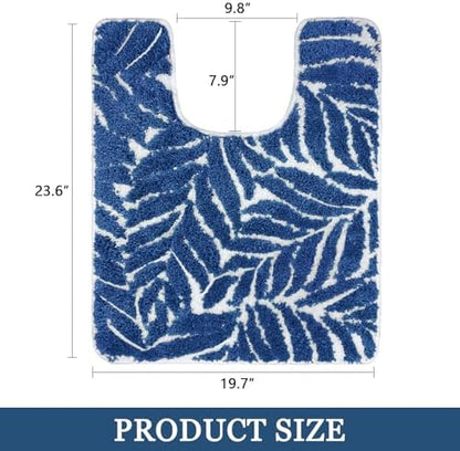 Blue Toilet Rug - U-Shaped Dark Blue Bath Mat Tropical Leaf U Shape Toilet Rugs Non Slip Washable for Bathroom Floor, Cute Plant Bathmat Absorbent Bathroom Mats Botanical Home Decor 20" x 24"