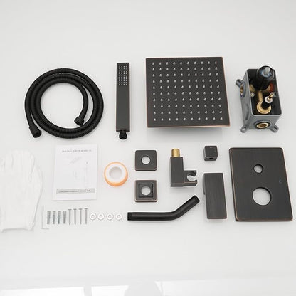 Oil Rubbed Bronze rain Shower Faucet Set Shower System 8 Inches Square Shower Head with Handheld, Waterfall Showerhead, All Metal Shower Faucet Trim Repair Kits (Contain Shower Valve)