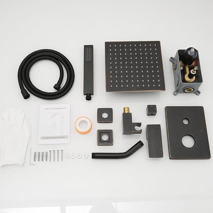 Oil Rubbed Bronze Shower System, 8 Inch High Pressure Rain Shower with Handheld, Wall Mount Shower Faucet Set for Bathroom, Rough-in Valve Body and Trim Included