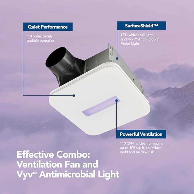 Broan-NuTone AR110LKVV SurfaceShield Vital Vio Powered Exhaust Vent LED White Light & Violet Light, 110 CFM, White