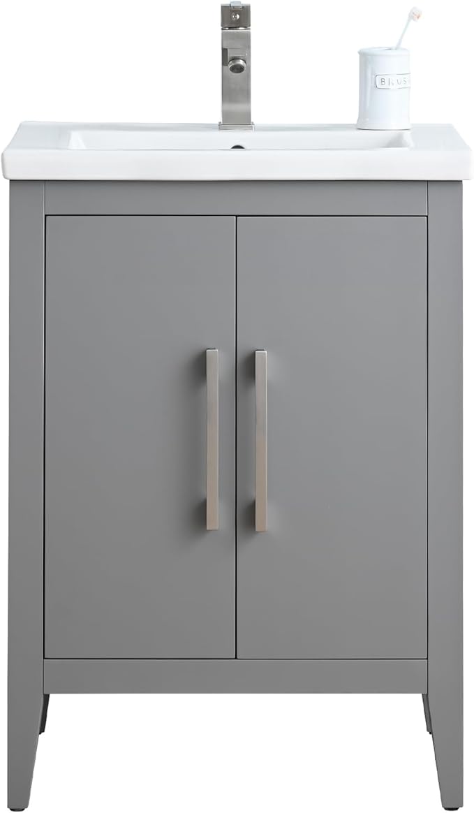 Vanity Art 24 inch Bathroom Vanity with Single Sink & Ceramic Top, Vanity Cabinet with Soft-Closing Doors, Solid Wood Frame, Cashmere Gray,VA9024-G-BN1
