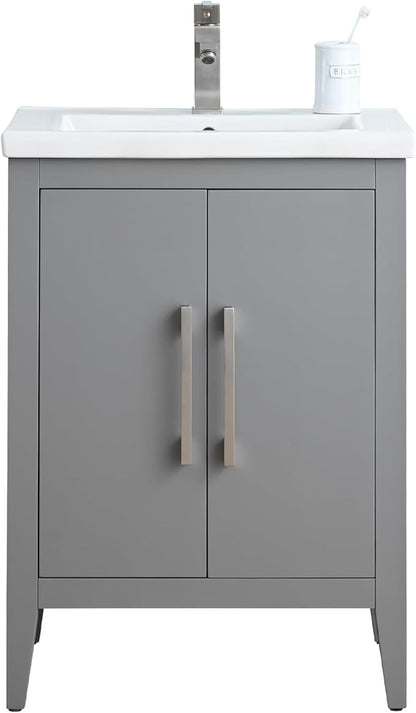 Vanity Art 24 inch Bathroom Vanity with Single Sink & Ceramic Top, Vanity Cabinet with Soft-Closing Doors, Solid Wood Frame, Cashmere Gray,VA9024-G-BN1